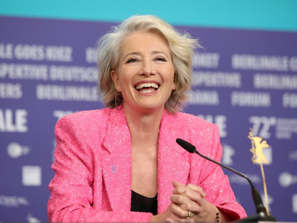 Emma Thompson laughs at the "Good Luck to You, Leo Grande" press conference during the 72nd Berlinale International Film Festival Berlin at Grand Hyatt Hotel on February 12, 2022 in Berlin, Germany