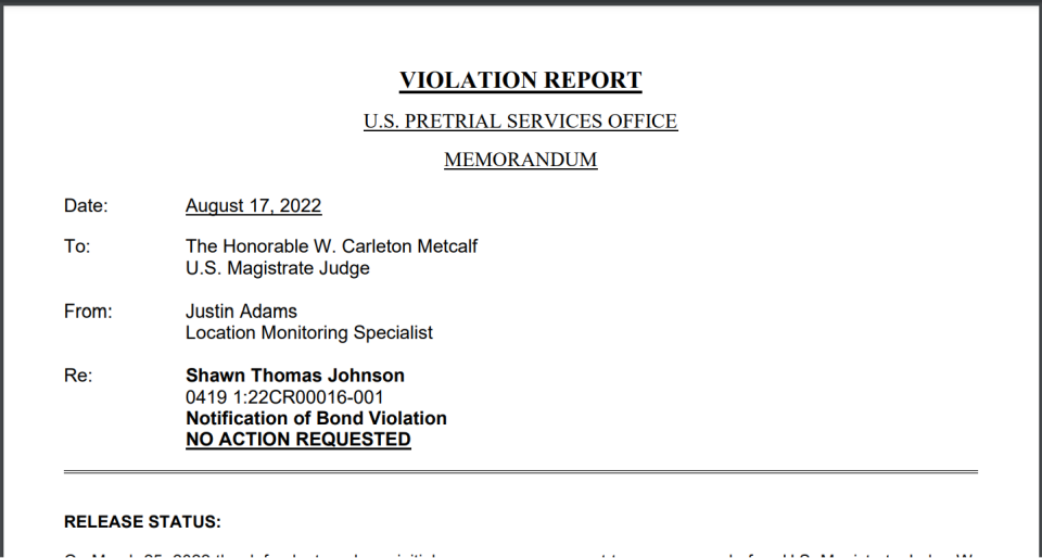 A pre-trial release violation report regarding Shawn Johnson.