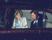 <p>Princess Diana made a statement in a shimmery silver gown while attending the premiere of <em>A View to a Kill </em>with Prince Charles. </p>