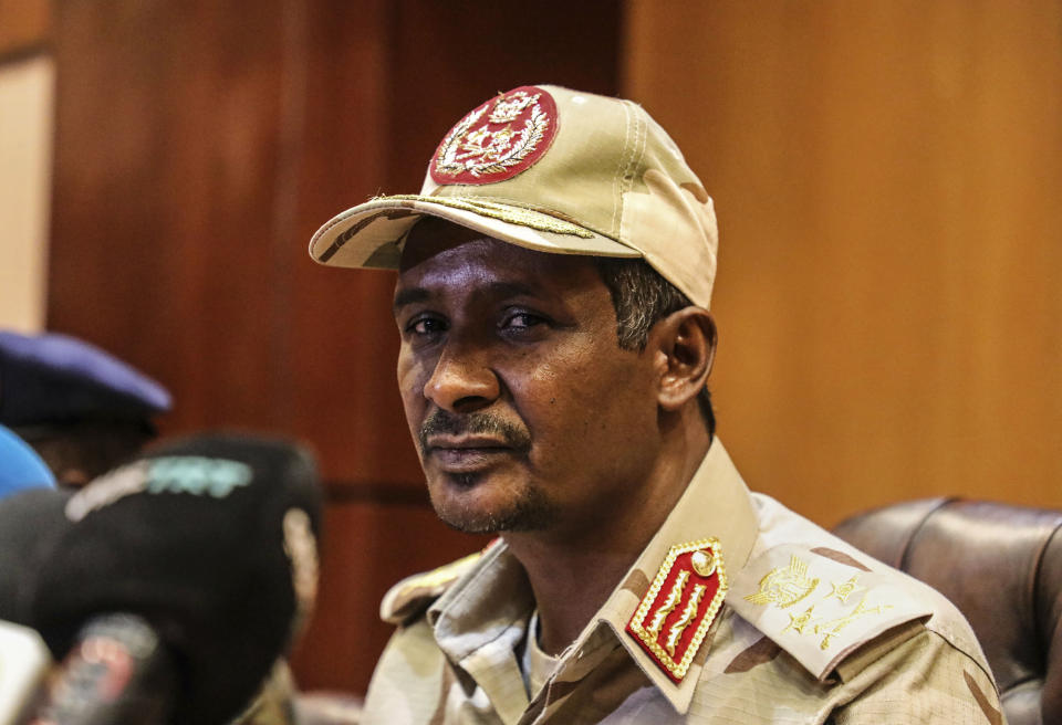 FILE - In this April 30, 2019 file photo, Sudanese Gen. Mohamed Hamdan Dagalo, the deputy head of the military council speaks at a press conference in Khartoum, Sudan. Dagalo, on Sunday, March 15, 2020, said his country would mediate a deal on an escalating dispute between Ethiopia and Egypt over Ethiopia's controversial dam on the Nile River. Tensions are rising because of the impasse between Ethiopia and Egypt over the $4.6 billion Grand Ethiopian Renaissance Dam. The project is around 71% complete and promises to provide much-needed electricity to Ethiopia’s 100 million people. (AP Photo/File)