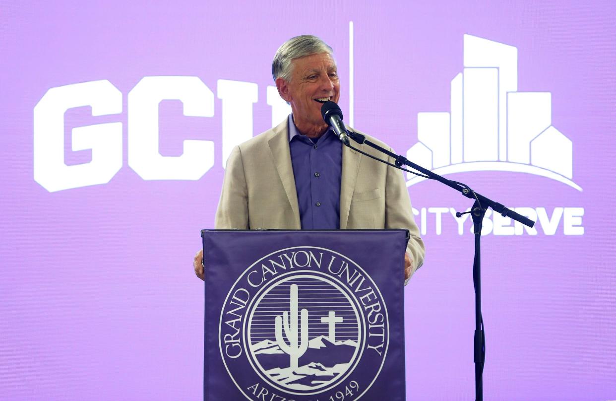 Grand Canyon University President Brian Mueller speaks at an event on the school's Phoenix campus.