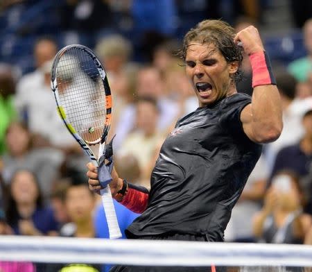 Aug 31, 2015; New York, NY, USA; Rafael Nadal of Spain celebrates after beating Borna Coric of Croatia on day one of the 2015 US Open tennis tournament at USTA Billie Jean King National Tennis Center. Mandatory Credit: Robert Deutsch-USA TODAY Sports