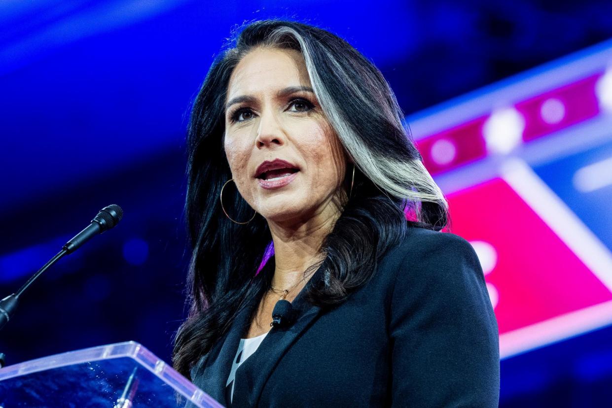 <span>Gabbard speaks at the Conservative Political Action Conference annual meeting in Maryland on Thursday.</span><span>Photograph: Michael Brochstein/Rex/Shutterstock</span>