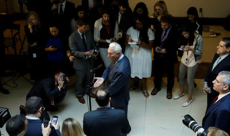 U.S. political consultant Roger Stone, a longtime ally of President Donald Trump, speaks to reporters after appearing before a closed House Intelligence Committee investigating Russian interference in the 2016 U.S. presidential election at the U.S. Capitol in Washington, U.S., September 26, 2017. REUTERS/Kevin Lamarque