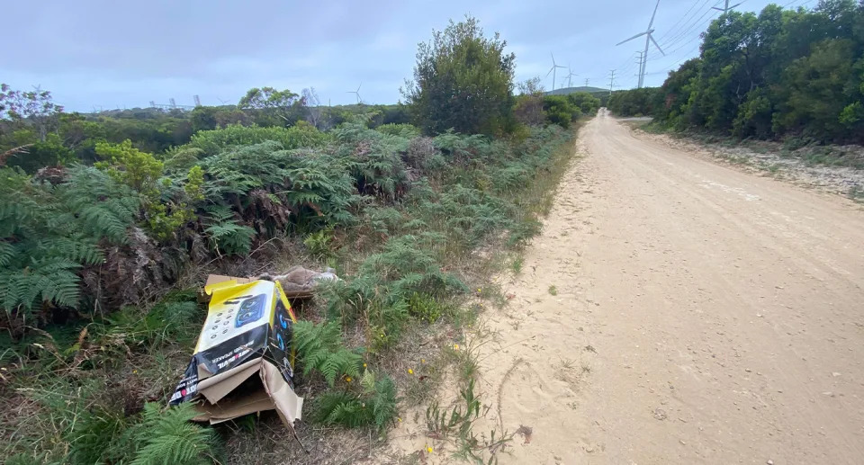 Thistle Road with windfarms in the background. To the left, we can see a box lying on the ground next to a dead koala.