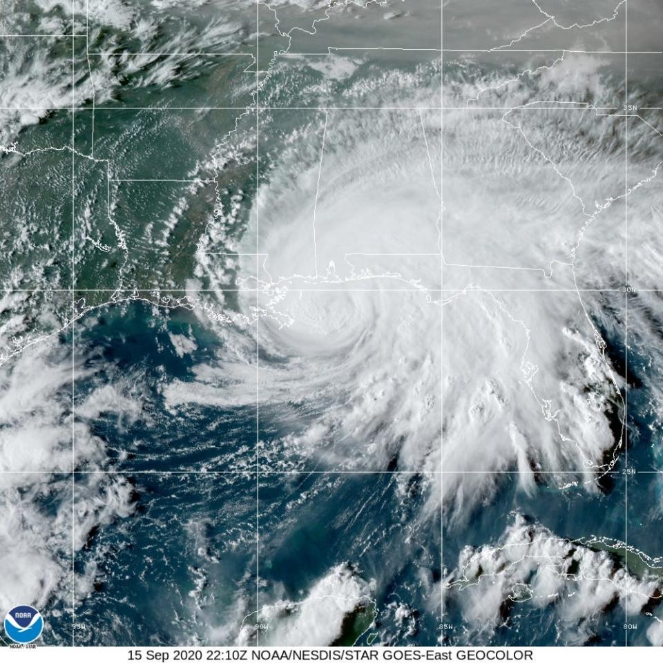 National Hurricane Center photo shows Hurricane Sally, a Category 2 storm crawling toward the Gulf Coast, as of Sept. 15, 2020.