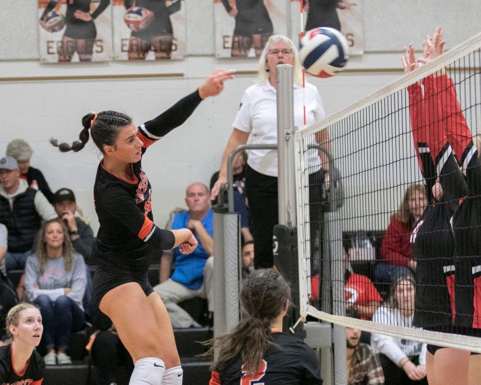 Somerset's Shawna Walker delivers a kill during an LHAC volleyball match against Central Cambria, Sept. 26, in Somerset.