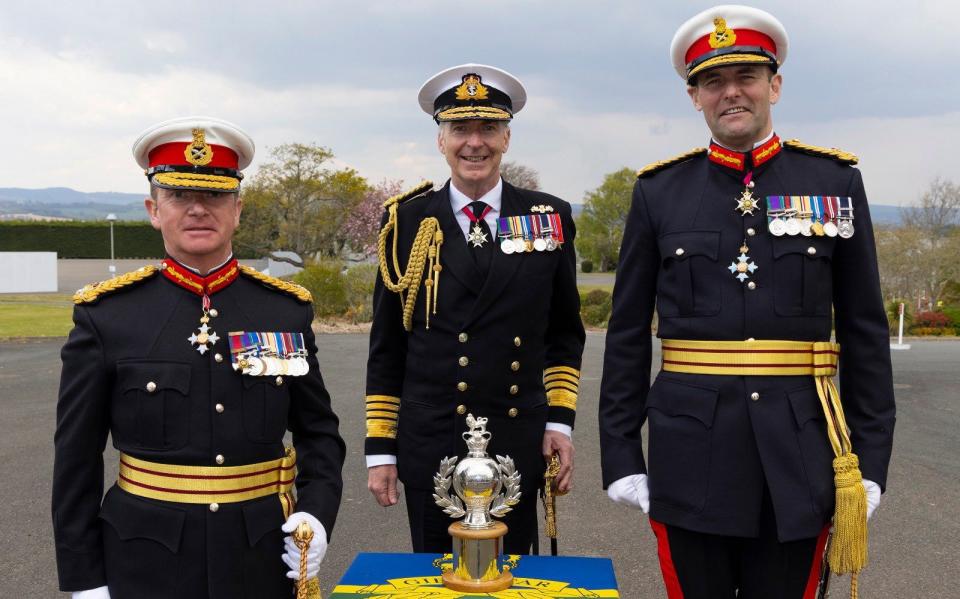 L:R- Major General Matthew Holmes, First Sea Lord Admiral Tony Radakin, Lt General Rob Magowan 