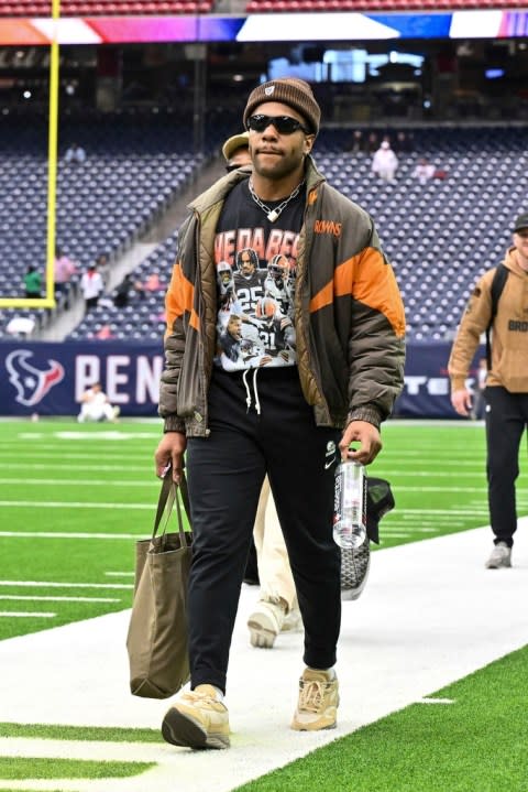 Cleveland Browns safety Rodney McLeod arrives prior to an NFL wild-card playoff football game, Saturday, Jan 13, 2024, in Houston. (AP Photo/Maria Lysaker)