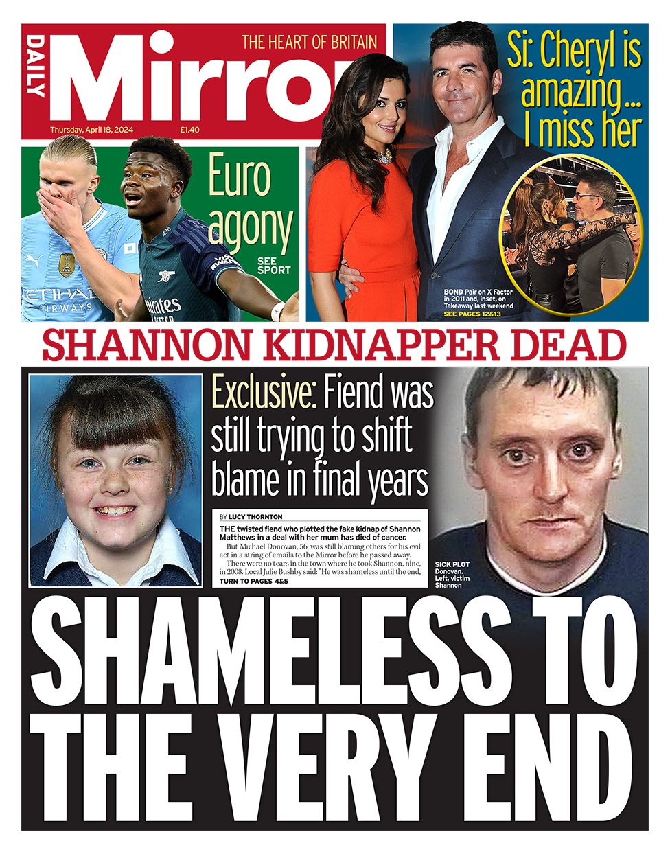 The headlien in the Mirror reads: "Shannon kidnapper dead".