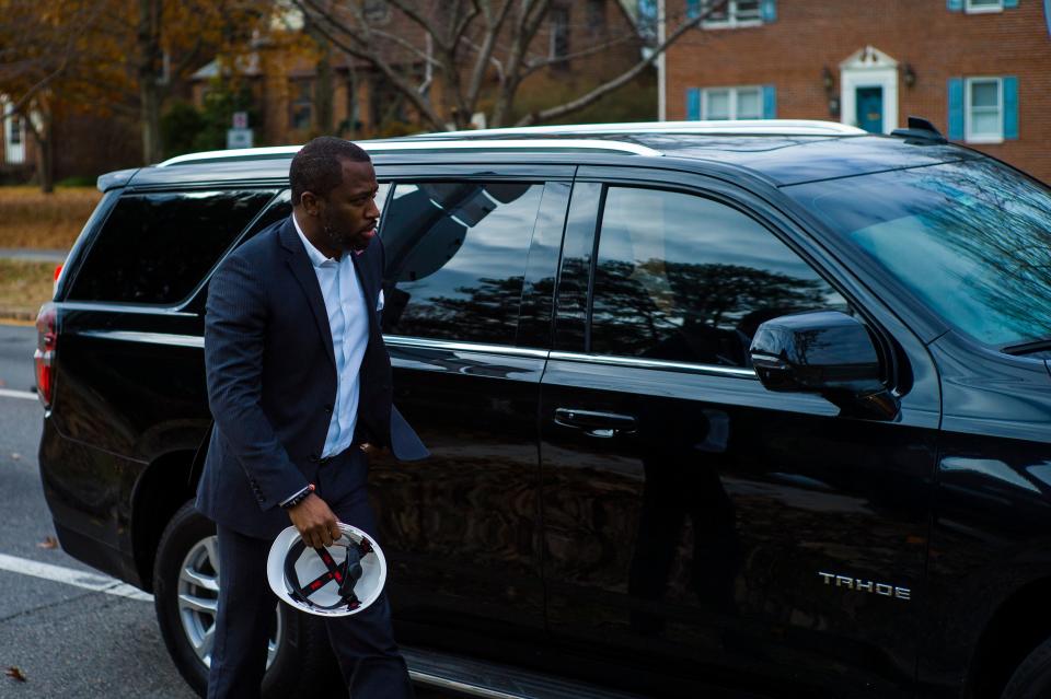 Richmond Mayor Levar Stoney arrives to watch the removal of the statue of Confederate General A.P. Hill Monday Dec. 12, 2022 in Richmond, Va.