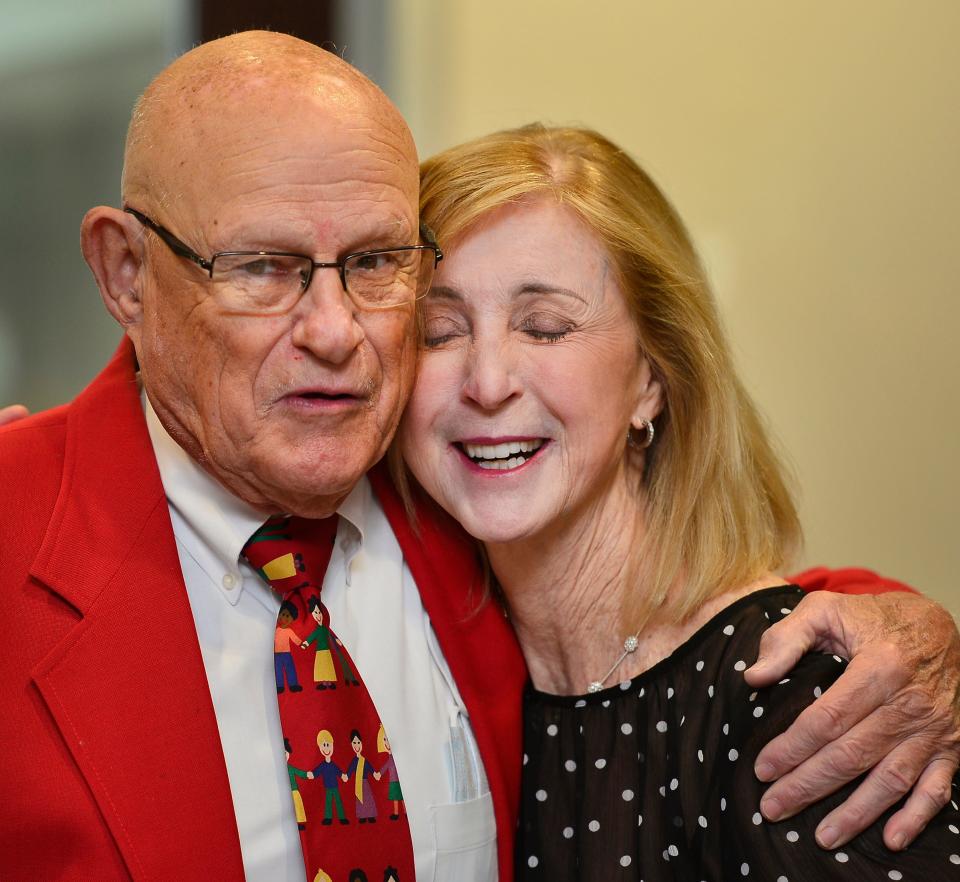 The Love Foundation has granted $150,000 in honor of Lucy and Tom Russell of Spartanburg.  Lucy and Tom Russell have worked to help improve the lives of children battling cancer.  The couple was honored at Philanthropy Center on Nov. 5, 2021.Tom Russell, left, greets Catherine Vitale and thanks her for her support.