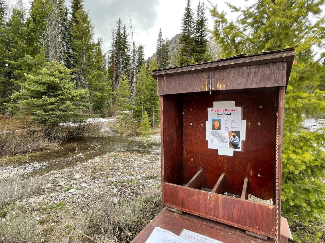 A missing person poster describing 62-year-old Fern Baird, of Park City, Utah, hangs at the trailhead register at Prairie Creek Loop where Baird went missing in October 2020.