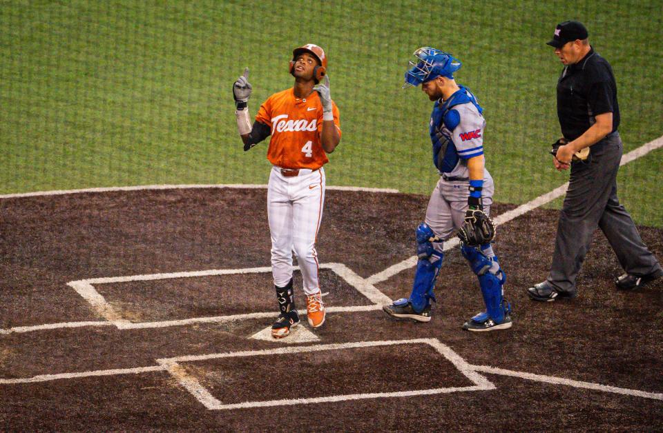 Texas outfielder Porter Brown celebrates hitting a home run against UT-Arlington on April 23. After playing a key role in last year's run to the NCAA super regionals, Brown has struggled offensively this season. "He's been working so hard," coach David Pierce said.