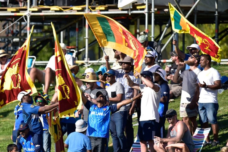 Sri Lankan fans celebrate their win during the 3rd One Day International cricket match against New Zealand at Saxton Oval in Nelson on December 31, 2015