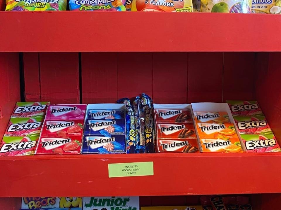 packages of american gum on the shelf of an irish grocery store
