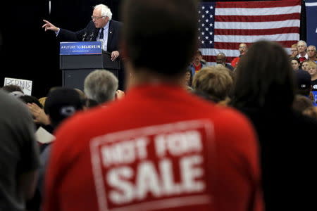 Democratic U.S. presidential candidate Bernie Sanders speaks during an election rally in Erie, Pennsylvania, U.S., April 19, 2016. REUTERS/Lucas Jackson