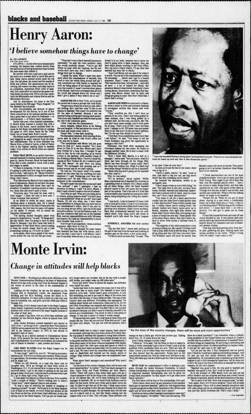 Page 10B of the sports section of the Detroit Free Press on July 27, 1980.