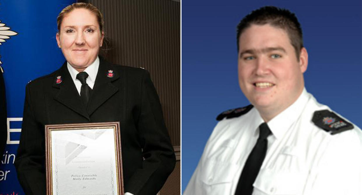 Molly Edwards, left, and Richard Paton ignored call-outs while engaging in sexual activity in their police car. (Surrey Police)