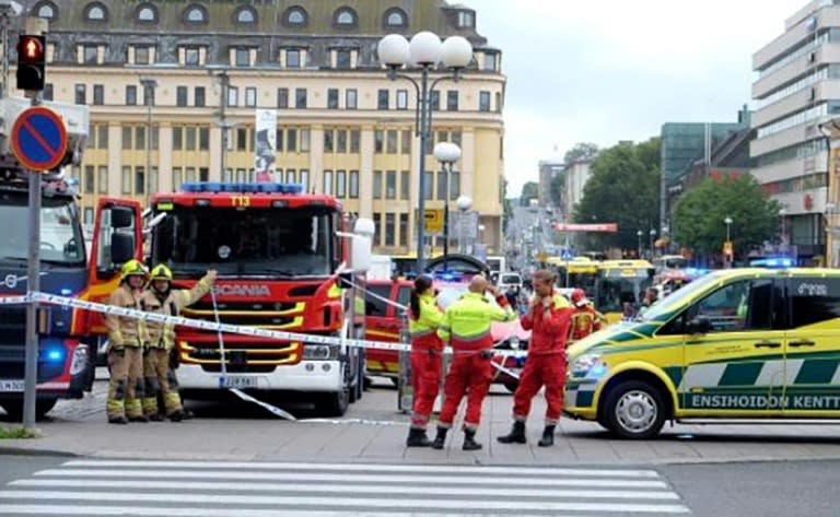 A photo taken from the instagram account of BernatMajo shows police officers and rescuers standing in a street in the Finnish city of Turku where several people were stabbed on August 18, 2017