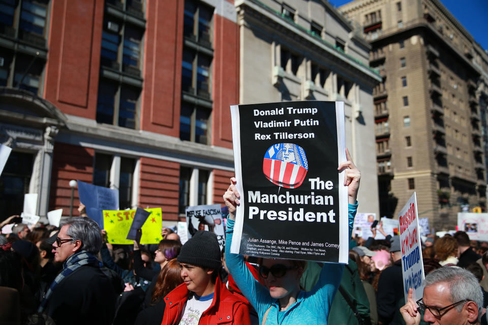 <p>A demonstrator holds up a sign during the “Not My President’s Day” rally on Central Park West in New York City on Feb. 20, 2017. (Gordon Donovan/Yahoo News) </p>
