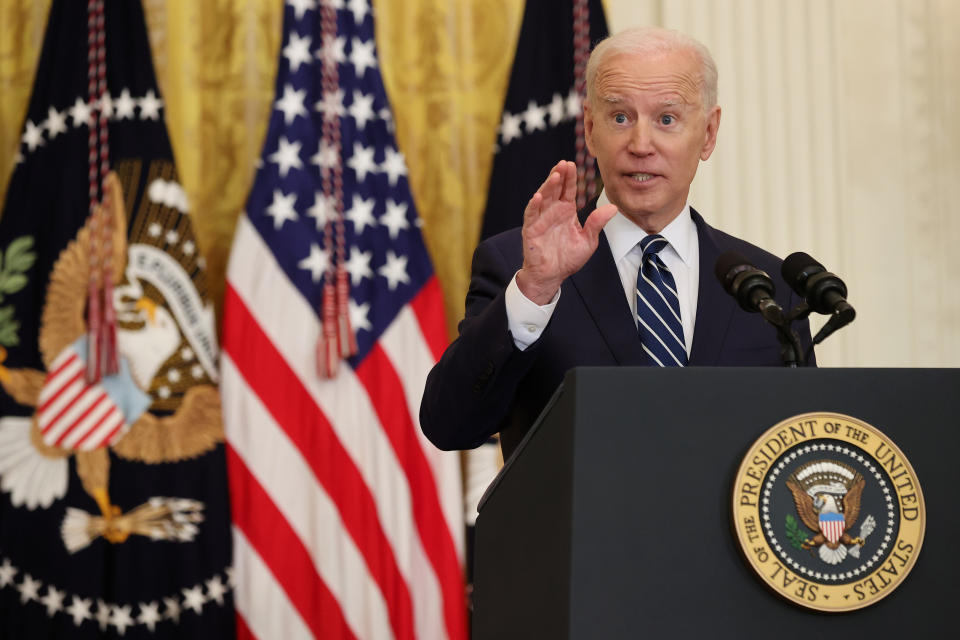 WASHINGTON, DC – MARCH 25: U.S. President Joe Biden answers questions during the first news conference of his presidency in the East Room of the White House on March 25, 2021 in Washington, DC. On the 64th day of his administration, Biden, 78, faced questions about the coronavirus pandemic, immigration, gun control and other subjects.