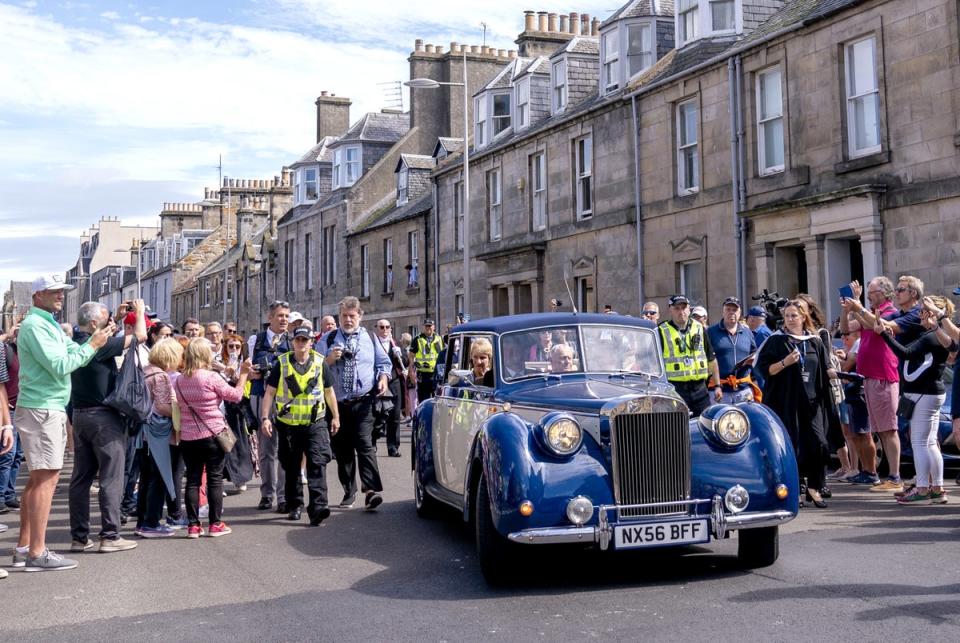 Jack Nicklaus with wife Barbara waves to the crowds after being made an Honorary Citizen of St Andrews (Jane Barlow/PA) (PA Wire)