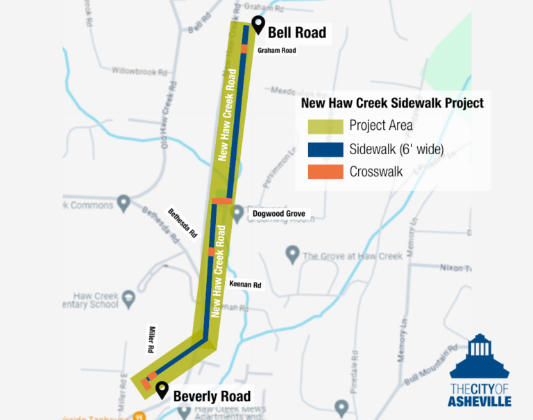 A map of the proposed New Haw Creek sidewalk project.