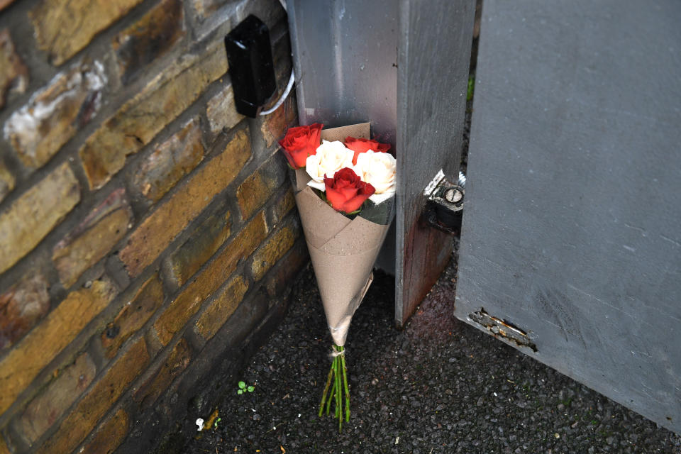 Floral tribute placed outside the building believed to be where Caroline Flack lived in Clapton, London. (Photo by Dominic Lipinski/PA Images via Getty Images)