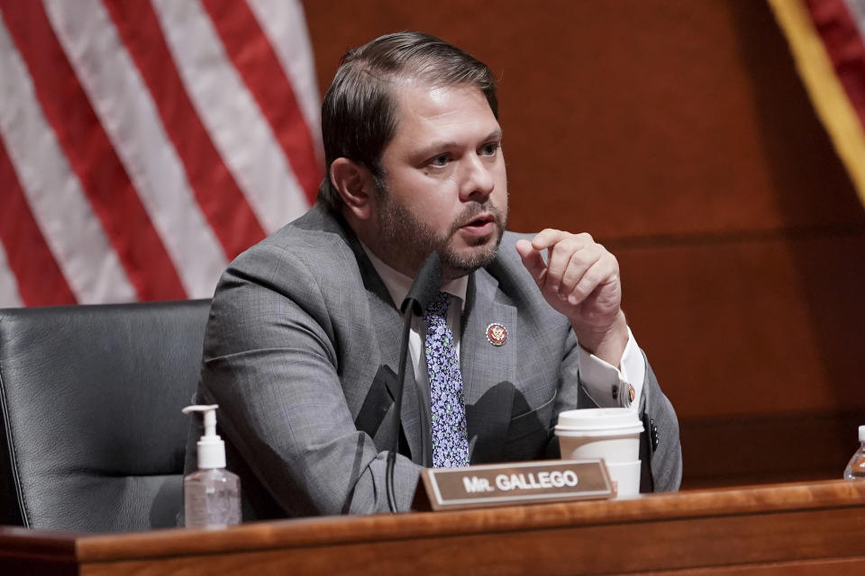 FILE - Rep. Ruben Gallego, D-Ariz., speaks during a House Armed Services Committee hearing on July 9, 2020, on Capitol Hill in Washington. In 2024 Sen. Kyrsten Sinema, D-Ariz., will be up for reelection. Sinema’s most prominent potential primary challenger is Gallego, who has a long history of feuding with Sinema. Gallego has not announced his plans for 2024 but has made it no secret that he’s thinking about challenging Sinema. He even raised money on the prospect he might oppose Sinema. (Greg Nash/Pool via AP, File)