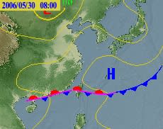 圖說／ 2016年端午節當天天氣圖。當天有滯留鋒面在台灣附近，為台灣帶來降雨，台北又剛好處於北風影響區域，北方比較涼的空氣加上下雨，讓當天創下1980年代之後最冷端午節的紀錄，僅有16.6度。圖／中央氣象局提供