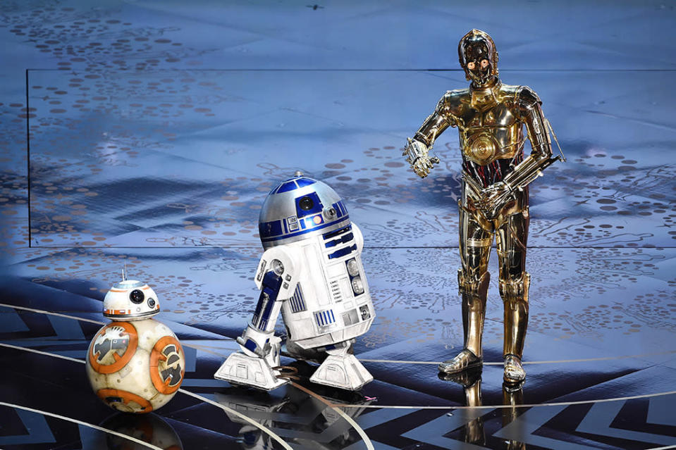 BB-8, R2-D2 and C-3PO from 'Star Wars’ appear onstage during the 88th Annual Academy Awards at the Dolby Theatre on February 28, 2016 in Hollywood, California.  
