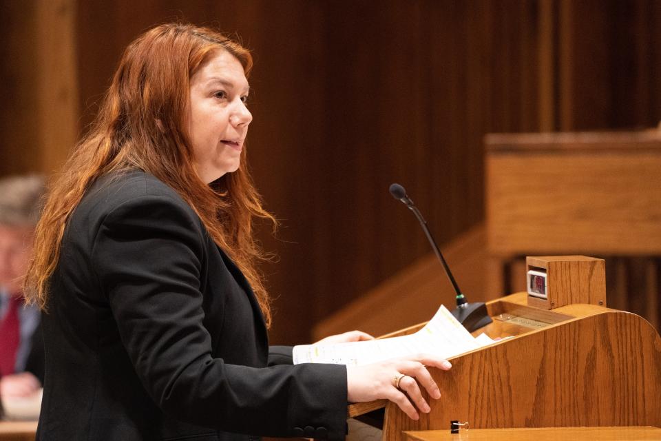 Elisabeth Frost, representing League of Women Voters, gives her argument in the Kansas Supreme Court hearing of League of Women Voters, et al v. Schwab Wednesday morning.