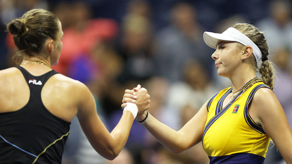 Seen here, Amanda Anisimova and Karolina Pliskova shake hands after their US Open epic.