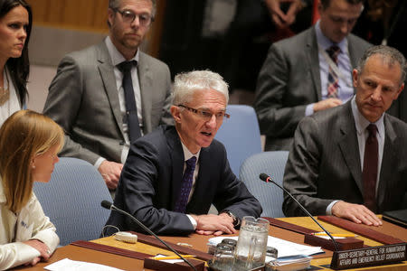 U. N. Under-Secretary-General for Humanitarian Affairs and Emergency Relief Coordinator (OCHA) Mark Lowcock, addresses the United Nations Security Council at U.N. headquarters in New York, U.S, April 10, 2019. REUTERS/Brendan McDermid