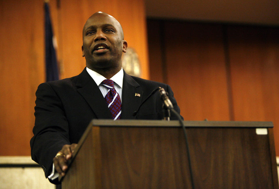 In this Jan. 2011 photo Dan Johnson is sworn in as the next 5th Circuit Solicitor during a investiture ceremony at the Richland County Judicial Center in Columbia, S.C. Johnson was indicted Tuesday, Sept. 18, 2018 on more than two dozen charges related to the misspending of public funds on trips to foreign countries including the Netherlands and the Galapagos Islands. (Kim Kim Foster-Tobin/The State via AP)