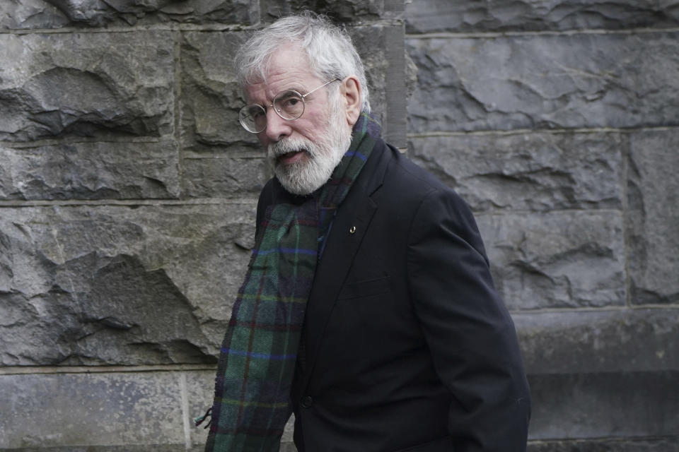 Gerry Adams arrives for the funeral of Shane MacGowan at Saint Mary's of the Rosary Church, Nenagh, Ireland, Friday, Dec. 8, 2023. MacGowan, the singer-songwriter and frontman of The Pogues, best known for their ballad “Fairytale of New York,” died on Thursday, Nov. 30, 2023. He was 65. (Niall Carson/PA via AP)