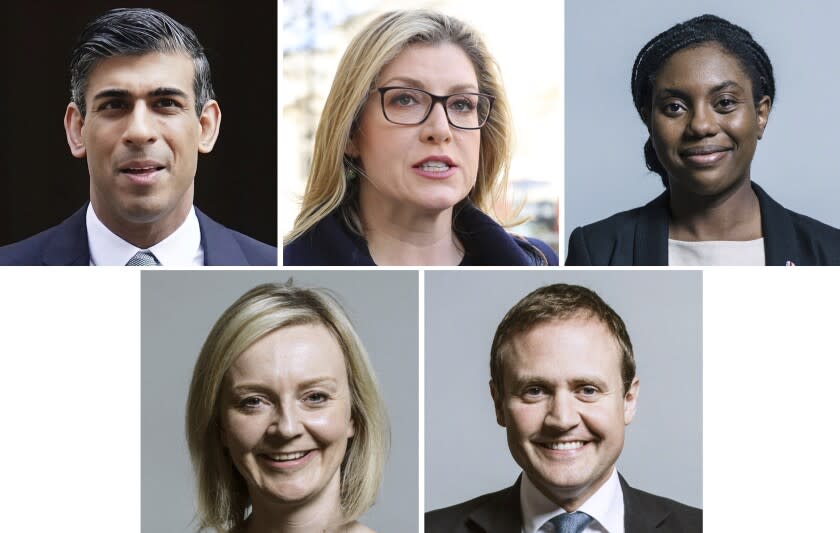 Five candidates in the Conservative Party leadership race to replace British Prime Minister Boris Johnson are clockwise from left, Rishi Sunak, Penny Mordaunt, Kemi Badenoch, Tom Tugendhat and Liz Truss.