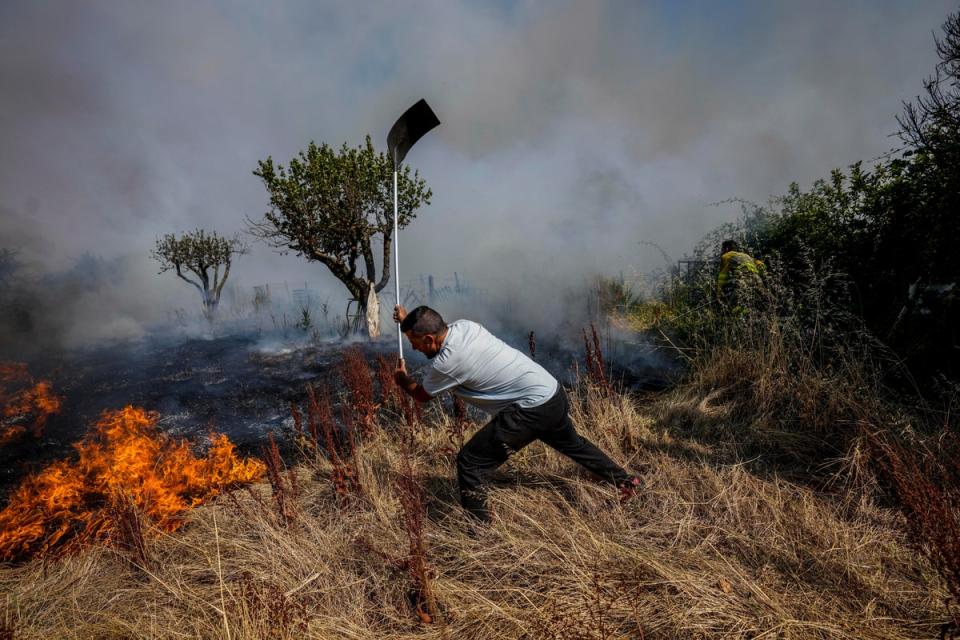 A local resident fights a forest fire with a shovel during a wildfire in Tabara, northwest Spain on Tuesday (AP)