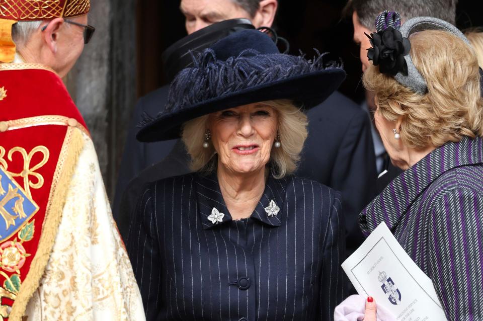 Britain's Queen Camilla attends the Thanksgiving Service for King Constantine of the Hellenes at St George's Chapel in Windsor Castle, England, on Tuesday Feb. 27, 2024. Constantine II, Head of the Royal House of Greece, reigned as the last King of the Hellenes from 6 March 1964 to 1 June 1973, and died in Athens at the age of 82. (Chris Jackson/Pool via AP)