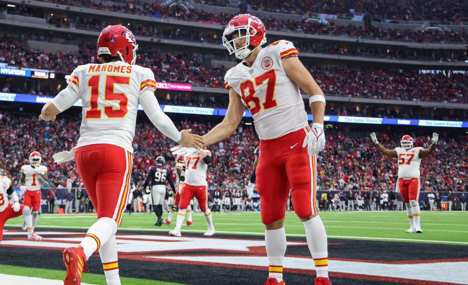 Chiefs quarterback Patrick Mahomes connected with tight end Travis Kelce for 12 of his league-leading 41 touchdown passes this season.