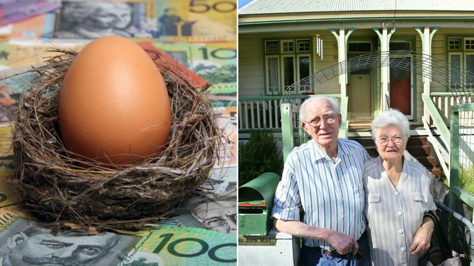 Compilation image of an elderly couple in front of their home and a super nest egg depicted on Australian banknotes