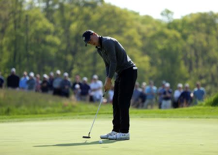 May 17, 2019; Bethpage, NY, USA; Jordan Spieth misses his putt on the 12th green during the second round of the PGA Championship golf tournament at Bethpage State Park - Black Course. Mandatory Credit: Brad Penner-USA TODAY Sports