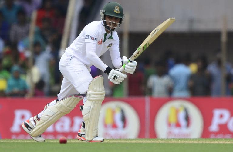 Bangladeshi batsman Mominul Haque plays a shot during the first day of the first Test match between Bangladesh and Pakistan at The Sheikh Abu Naser Stadium in Khulna on April 28, 2015