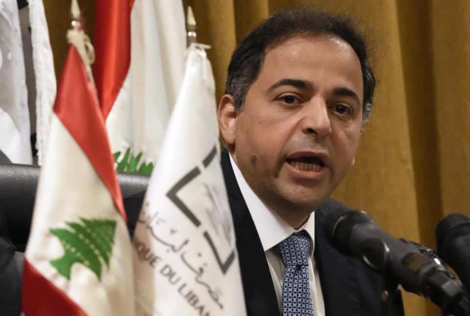 Incoming interim governor Wassim Mansouri, speaks during a press conference at the Lebanese Central Bank building, in Beirut, Lebanon, Friday, Aug. 25, 2023. Mansouri called on the country’s political class Friday to quickly implement economic and financial reforms warning that the central bank will not lend money to the state and does not plan to print money to cover the huge budget deficit in what would worsen inflation. (AP Photo/Hussein Malla)