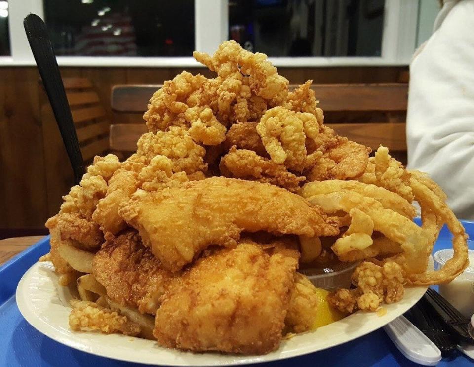 The giant Captain's Seafood Platter at McMenamy Seafood, 810 Belmont St., Brockton.