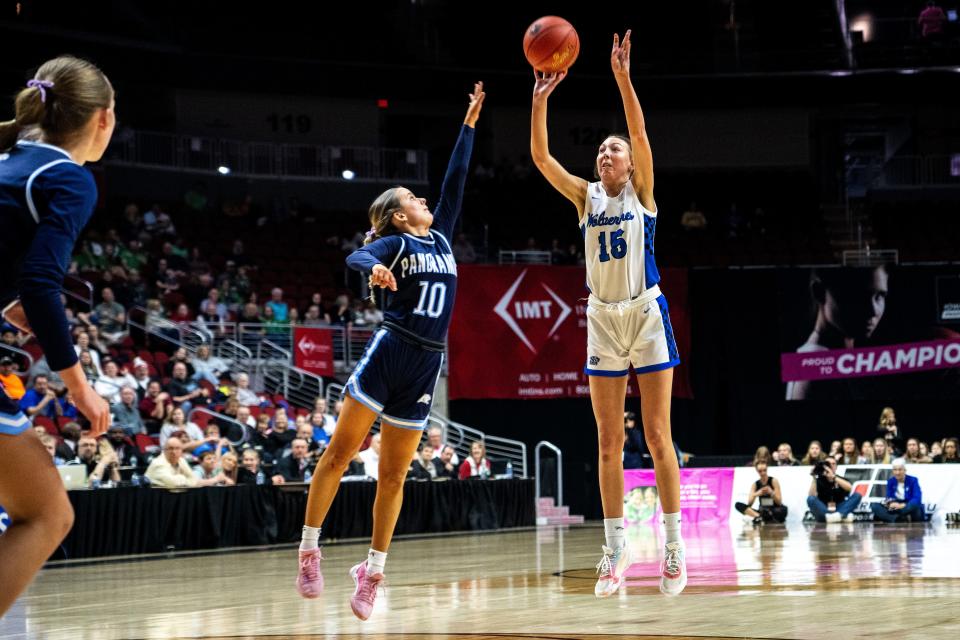 Dike-New Hartford's Maryn Bixby attempts a shot during the Iowa high school state title game at Wells Fargo Arena on Saturday.