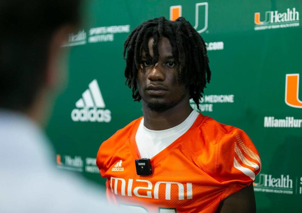 Miami Hurricanes running back Henry Parrish, Jr. (21) talks during a press conference at the University of Miami on Monday, Aug. 8, 2022, in Coral Gables, Fla.