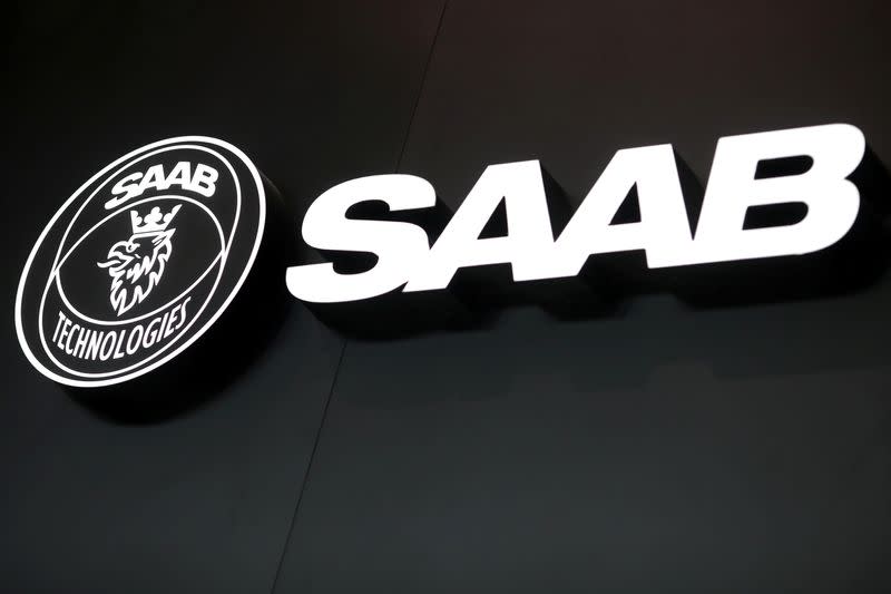 The Saab Technologies logo is displayed during the fifth day of Dubai Air Show in Dubai