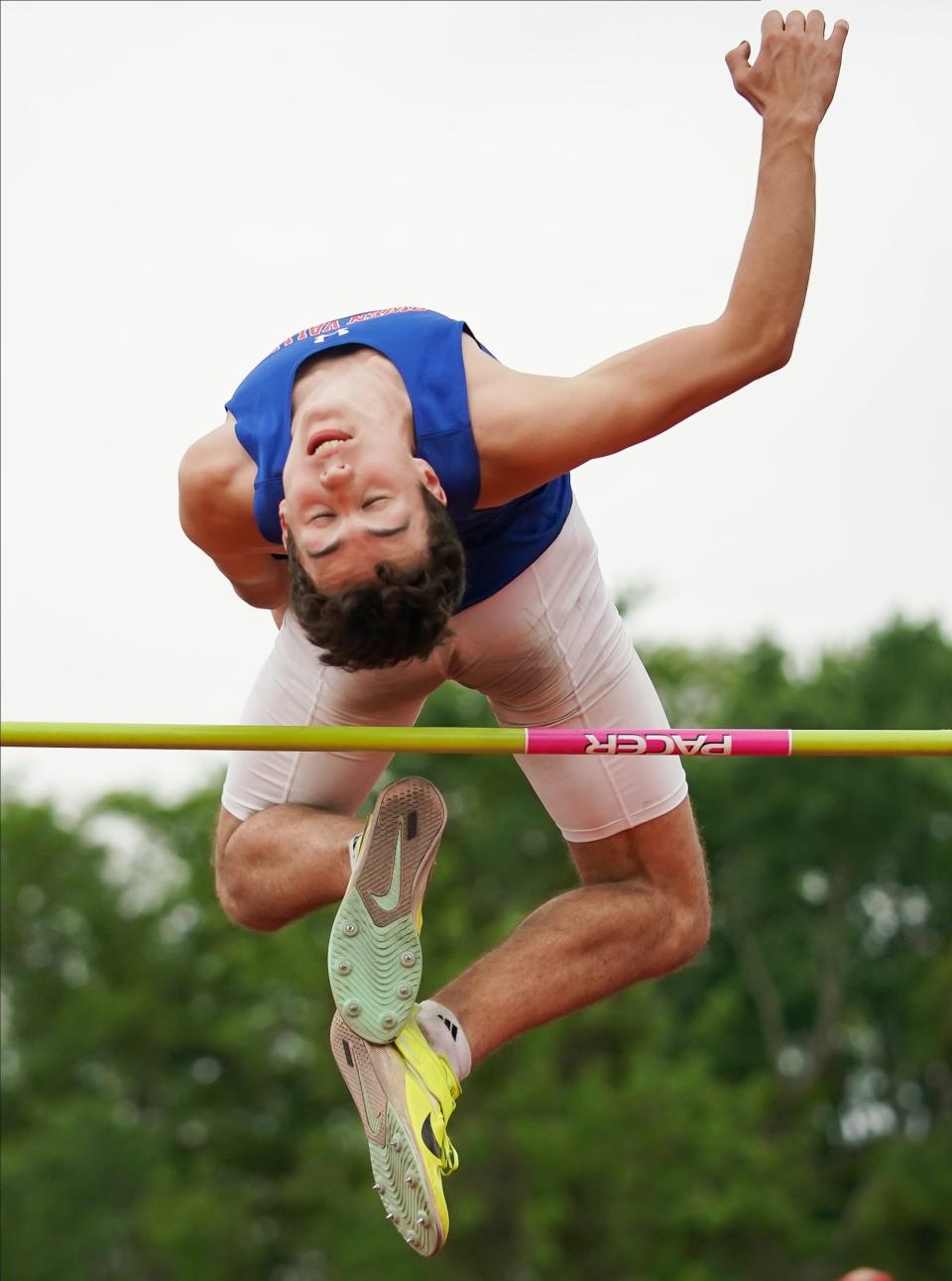 Owen Valley’s Noah Hall competes in the high jump during the IHSAA boys’ track and field sectional championship at Bloomington North on Thursday, May 16, 2024.